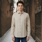 Miraque Men’s Light Beige Slim Fit Full Sleeve Shirt | Sand Color Casual & Office Wear Shirt