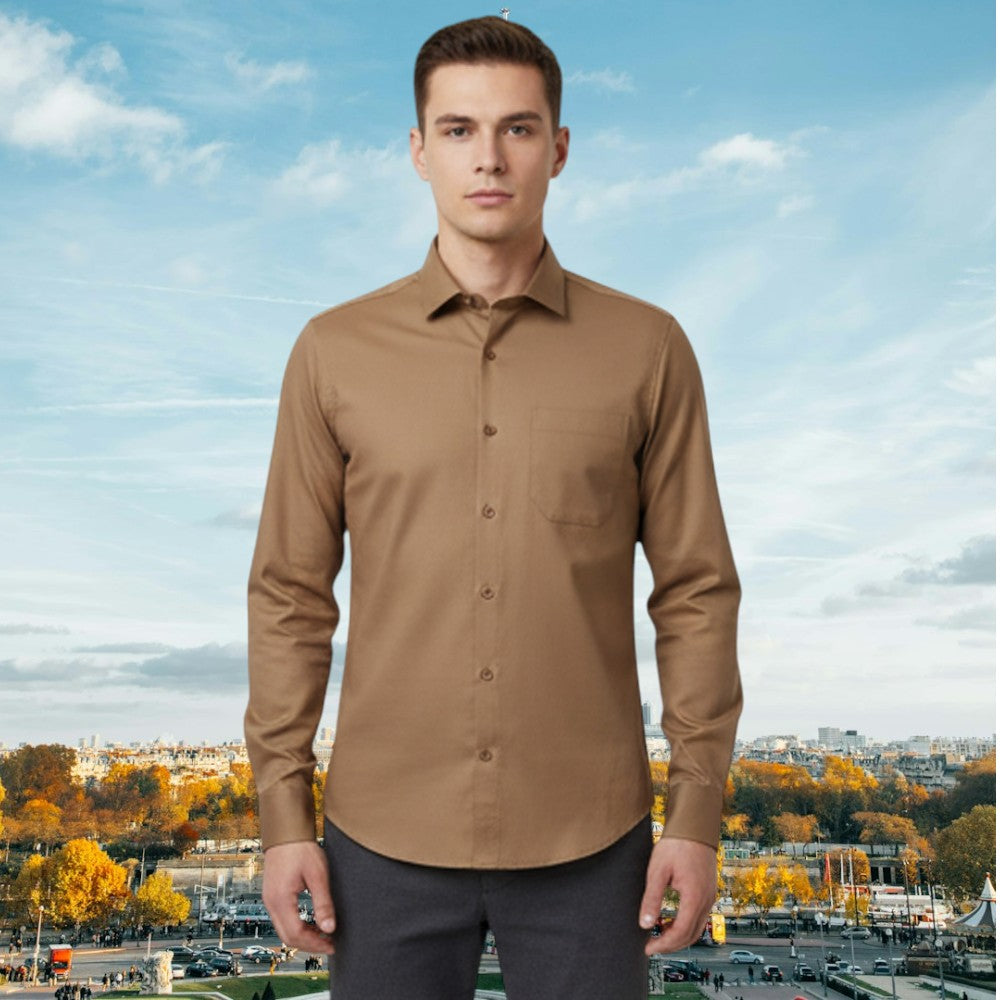 Miraque Men’s Brown Slim Fit Full Sleeve Shirt | Camel Tan Premium Office & Casual Wear Shirt