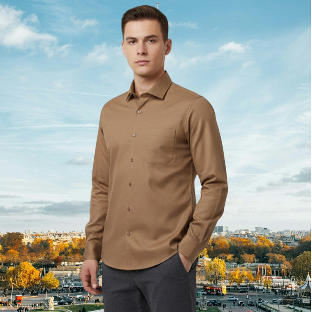 Miraque Men’s Brown Slim Fit Full Sleeve Shirt | Camel Tan Premium Office & Casual Wear Shirt